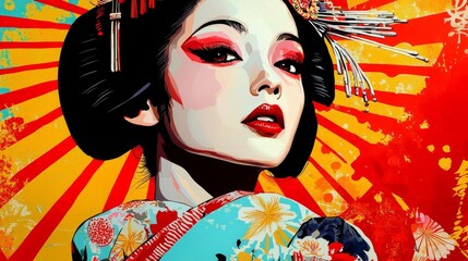 A colorful depiction of a geisha showcasing traditional attire in a modern pop art style. © pakawan
