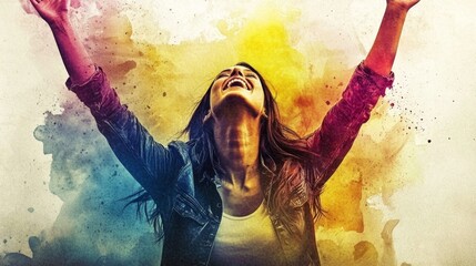 A vibrant watercolor illustration depicting a Christian woman in worship.