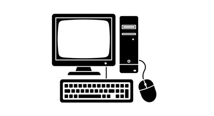 Fototapeta premium Vintage Desktop Computer Black and White Silhouette Illustration: Retro Tech Graphic