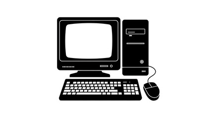 Vintage Desktop Computer Black and White Silhouette Illustration: Retro Tech Graphic