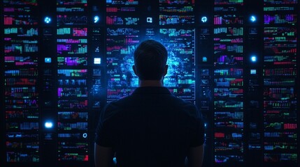 A person stands before a large screen displaying a multitude of glowing digital data streams and graphs, possibly representing global financial or technological information