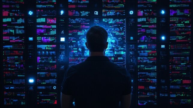 A person stands before a large screen displaying a multitude of glowing digital data streams and graphs, possibly representing global financial or technological information