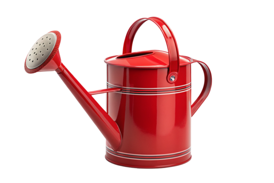 A close up of a shiny red metal watering can with a handle and spout against a black background space on transparent background