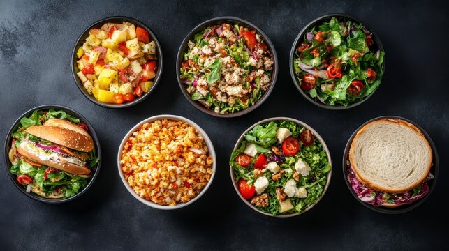 Overhead view of various healthy meal options in bowls, including salads, pasta, and sandwiches.