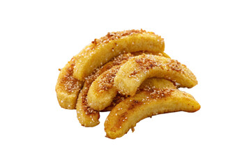 A pile of fried plantain slices with sesame seeds on a black background in a studio shot style on transparent background