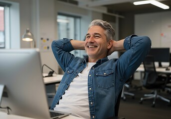 Smiling man leans back in chair, enjoying a moment of relaxation at work