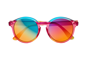 A pair of colorful round sunglasses with a pink frame against a solid black background in a studio shot on transparent background