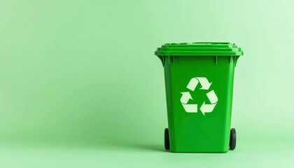 Photo of a green trash can with a recycling logo on a plain pastel green background