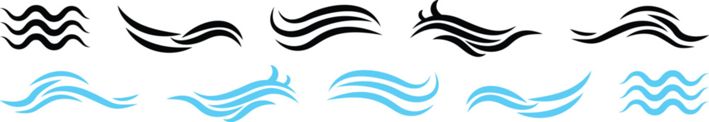 Art line set of Wave icon. Flat and simple wave vector. Abstract Wave beach symbol or logo design collection. Set of wavy zigzag lines.  Wave Blue vector design elements. 