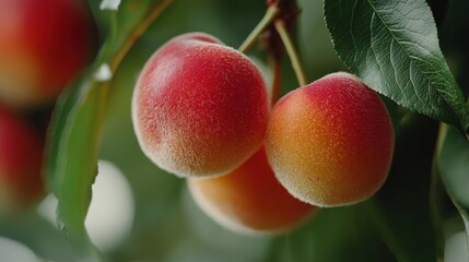 Three peaches hanging from a tree branch. the peaches are red and orange in color and appear to be ripe and ready to be picked. the branch is green and has a few leaves attached to it.