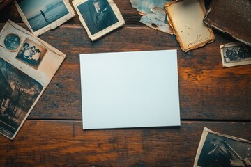 Blank paper amidst vintage photos on wood