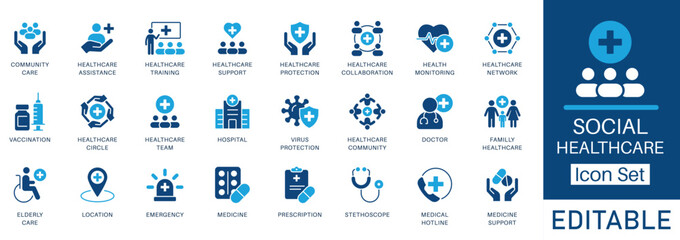 Social Healthcare flat icon set featuring editable vector icons illustrating public health concepts like vaccination, prevention, care, medicine, and community support.