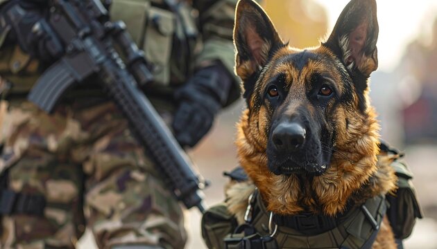 Military Dog And Soldier In Uniform With Rifle And Blurred Background
