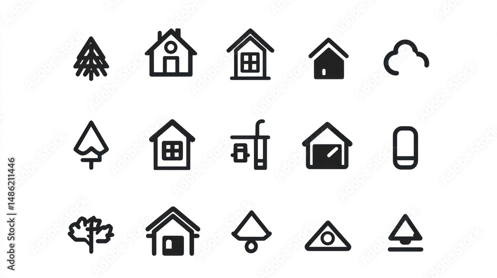 Poster simple line art icons of houses and trees, cloud and other building related elements