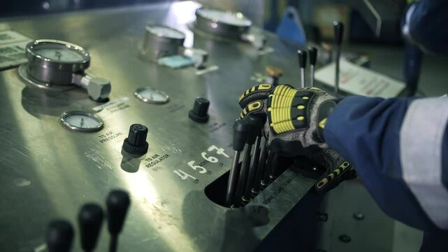 Worker operating oil drilling control panel with levers