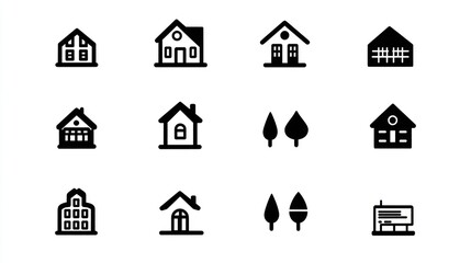 Fototapeta premium Simple black and white house icons. Various house styles, trees, and a bus stop