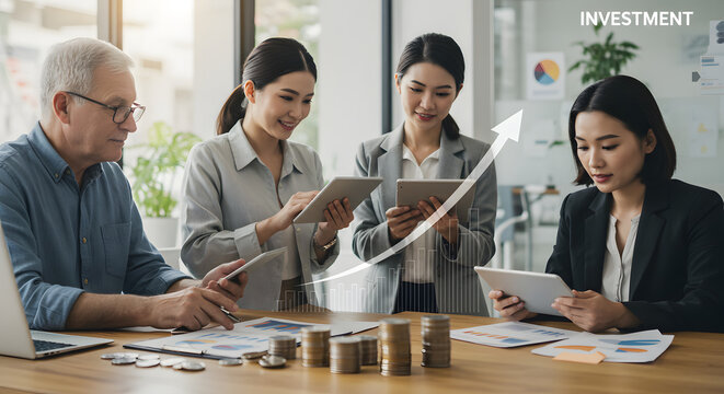 Diverse Business Team Discussing "INVESTMENT" and Financial Growth in the Office