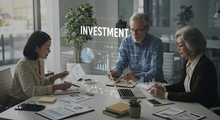 Diverse Business Team Discussing "INVESTMENT" with Financial Data Overlay
