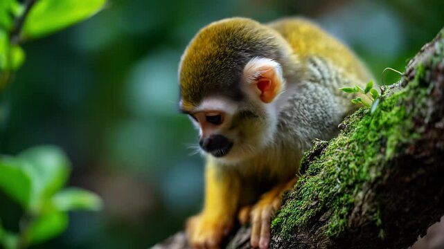 Small monkey with expressive eyes perches on mossy tree branch, surrounded by lush jungle. Moment of green monkey in jungle captures innocence, curiosity, and biodiversity in wildlife