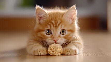 Ginger kitten lies down on the wooden floor, resting its paws on a tan yarn ball.