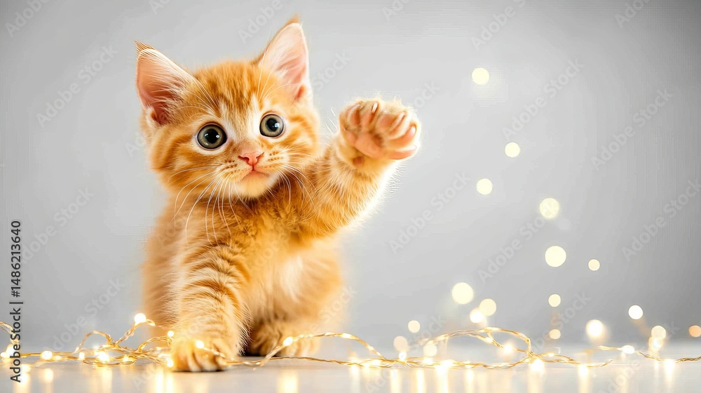 Poster ginger kitten reaching upwards with its paw on a light grey surface with string lights.