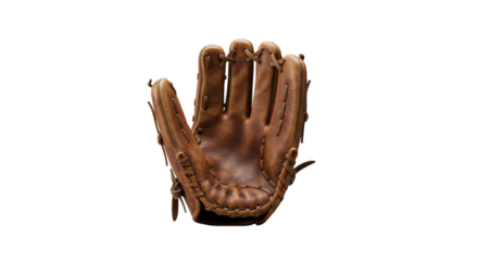 Classic brown leather baseball glove with detailed stitching, isolated on black