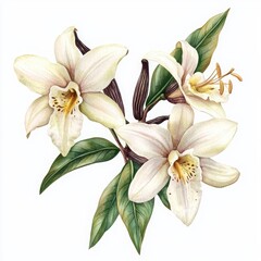 Fototapeta premium Elegant White Orchid Flower Illustration with Green Leaves Design