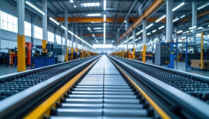 Fototapeta premium High-Tech Warehouse with Conveyor Belts at Dusk Without People