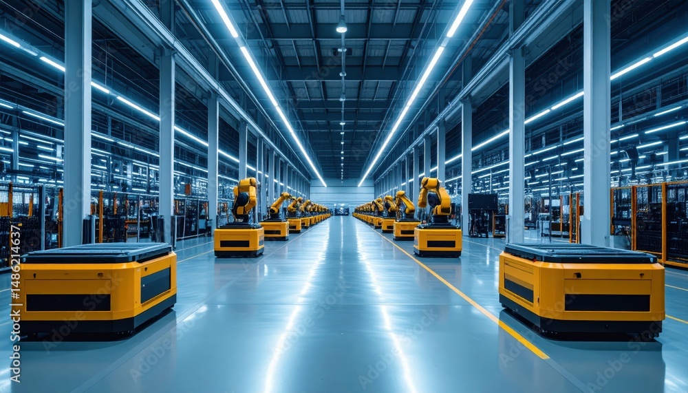 Poster automated high-tech warehouse with robotic pickers and ambient lighting