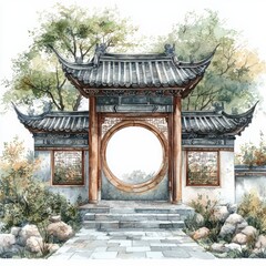 Obraz premium Traditional Asian Garden Architecture with Circular Gate and Trees