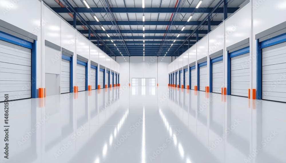 Poster spacious automated warehouse with loading docks and reflective floor