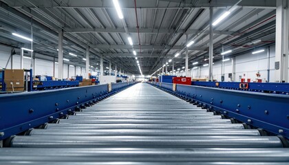 Naklejka premium Wide-Angle View of Industrial Warehouse Conveyor System Under Lights