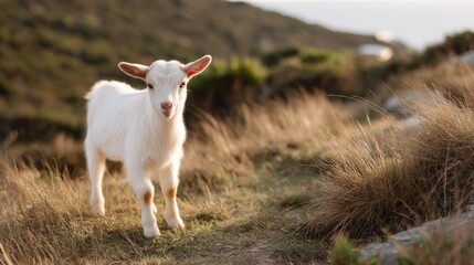 Naklejka premium A curious baby goat peers forward while standing on a grassy hill, bathed in warm golden hour light, capturing a natural and endearing moment