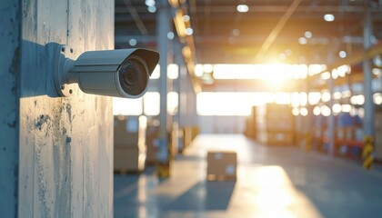 Industrial Warehouse with Security Camera in Soft Morning Light