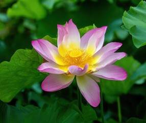 Fototapeta premium Beautiful Pink and Yellow Lotus Flower Blooming in Lush Green Pond
