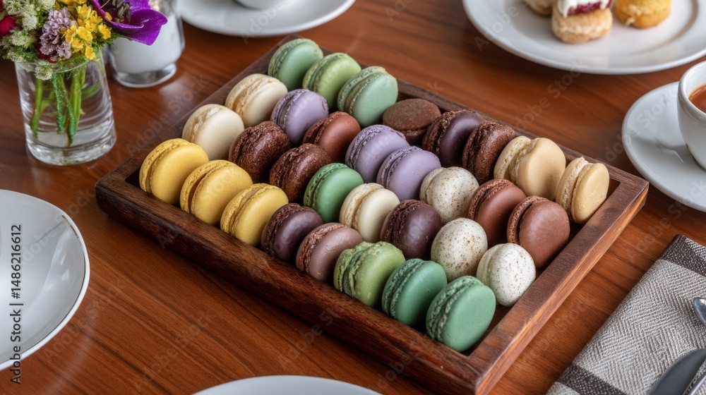 Poster rustic wooden tray holds a vibrant assortment of macarons, inviting guests to indulge in a delightfu