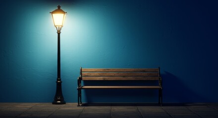 Wooden bench beside a glowing lamppost, set against a vibrant blue wall