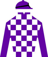 White and purple checkered jockey racing jersey garment with helmet and goggles.