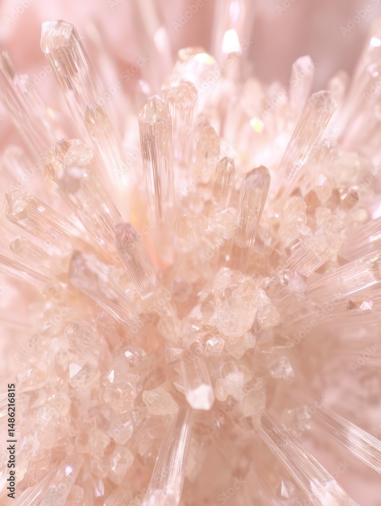 Poster glimmering crystals reflecting light on soft pink background creating an elegant and serene aestheti
