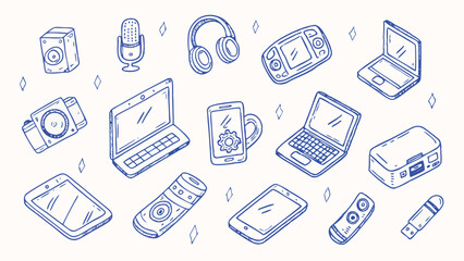 Hand drawn Collection of Tech Gadgets Smartphones Tablets Laptops and Headphones