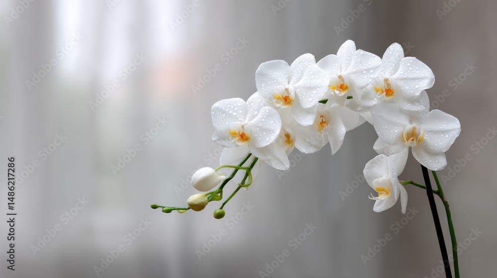 Poster a white orchid stands gracefully, illuminated by soft morning light, its dew-covered petals adding t