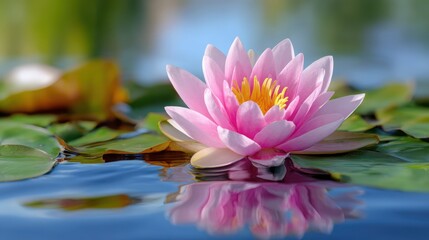 Serene Pink Water Lily Floating on Calm Water with Lily Pads