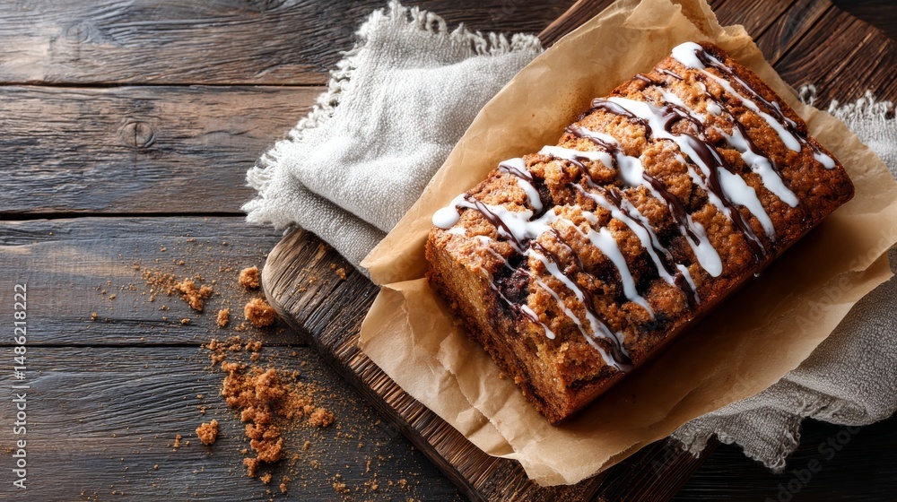 Poster cinnamon loaf just out of the oven with icing on top resting on rustic wood, creating a cozy atmosph