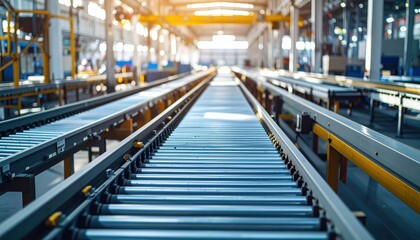 Industrial Logistics Hub with Conveyor Belts Under Harsh Midday Sun