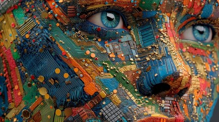 Obraz premium Colorful representation of a digital face. Industrial IoT and Cloud AI