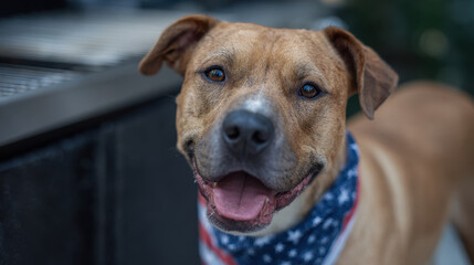 Happy dog wearing flag bandana beside grill