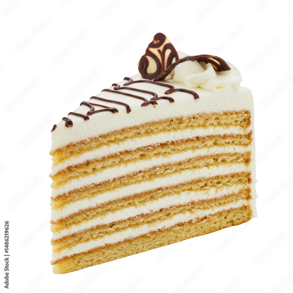Poster delicious layered cake slice with chocolate drizzle isolated on transparent background