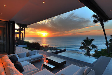 Fototapeta premium Modern oceanfront house patio sunset view luxury real estate