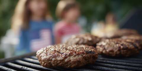 Juicy burgers grilling on barbecue with kids in background
