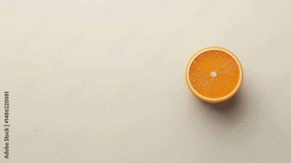 Poster top view of a single orange slice on a beige background.
